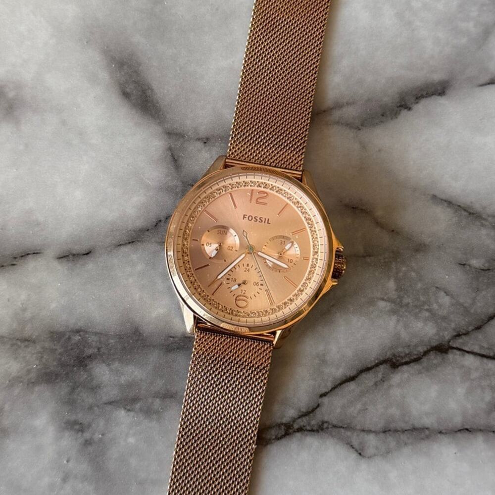 Fossil Rose Gold Multifunction Crystal Bezel Stainless Steel Watch - Picture 2 of 3